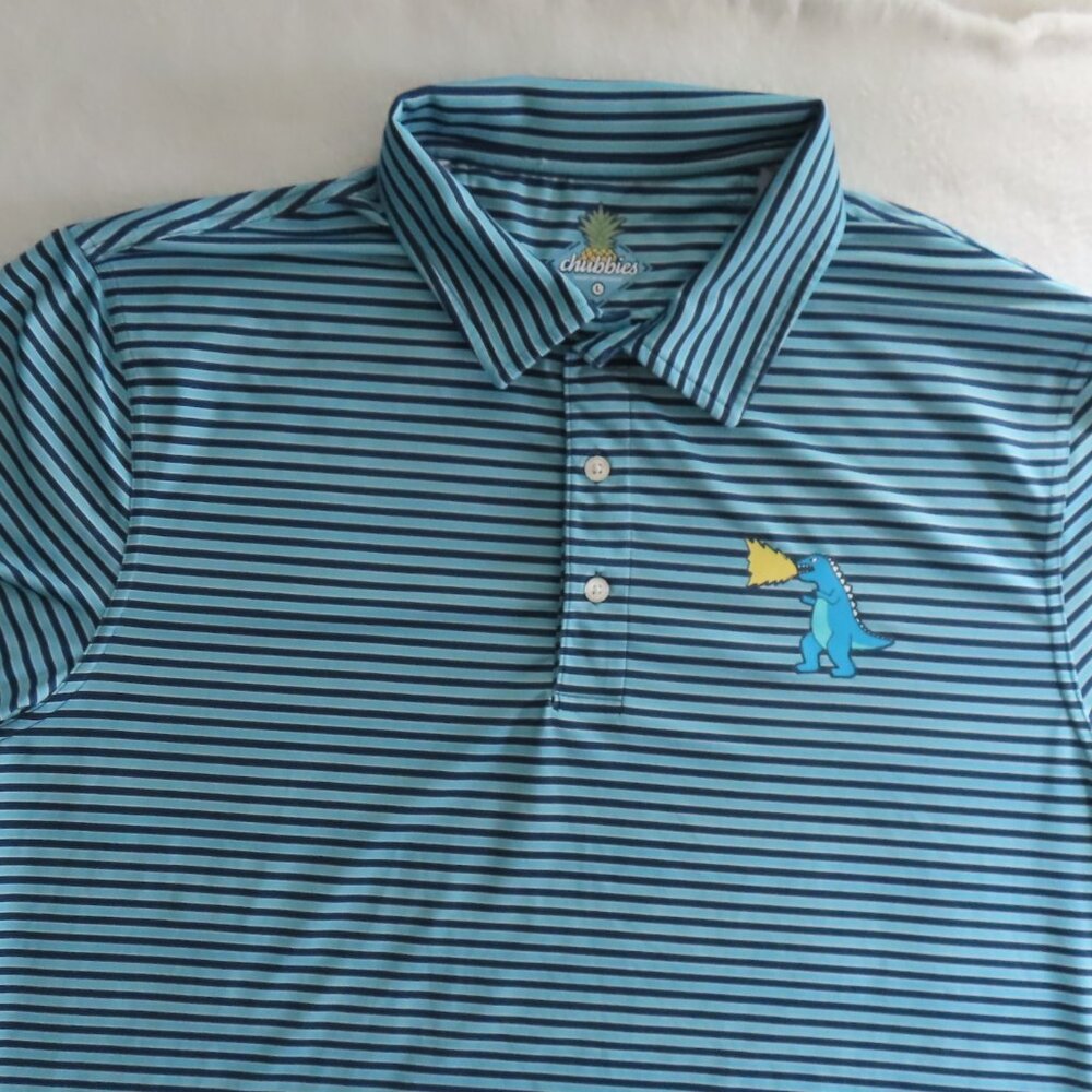 Chubbies Golf Polo Shirt Striped Dinosaur Graphic Short Sleeve Large Weekend